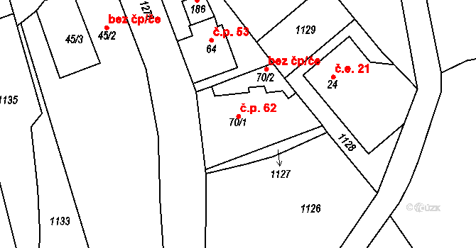 Radimovice 62 na parcele st. 70/1 v KÚ Radimovice u Sychrova, Katastrální mapa