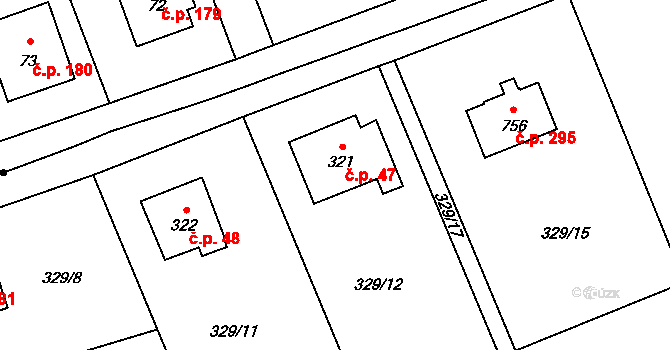 Soběšovice 47 na parcele st. 321 v KÚ Horní Soběšovice, Katastrální mapa