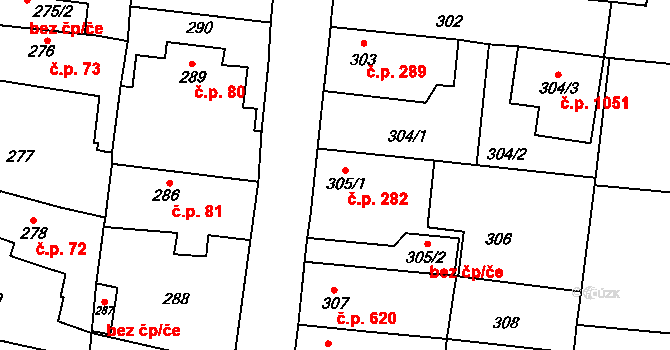Kosmonosy 282 na parcele st. 305/1 v KÚ Kosmonosy, Katastrální mapa