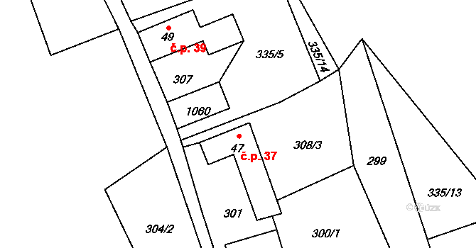 Houska 37, Blatce na parcele st. 47 v KÚ Houska, Katastrální mapa