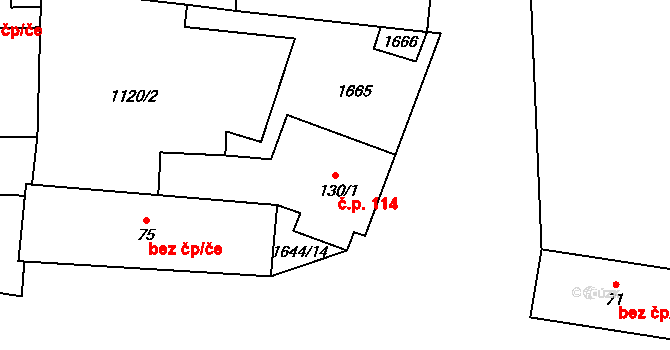 Brníkov 114, Mšené-lázně na parcele st. 130/1 v KÚ Brníkov, Katastrální mapa