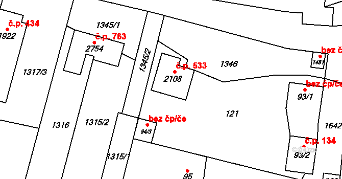 Hovězí 533 na parcele st. 2108 v KÚ Hovězí, Katastrální mapa