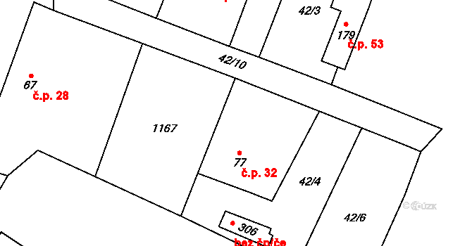 Prostřední Lhota 32, Chotilsko na parcele st. 77 v KÚ Prostřední Lhota, Katastrální mapa