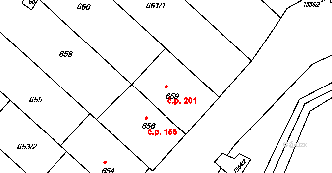 Kohoutovice 201, Brno na parcele st. 659 v KÚ Kohoutovice, Katastrální mapa
