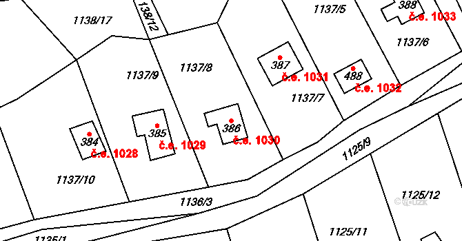 Černé Voděrady 1030 na parcele st. 386 v KÚ Černé Voděrady, Katastrální mapa