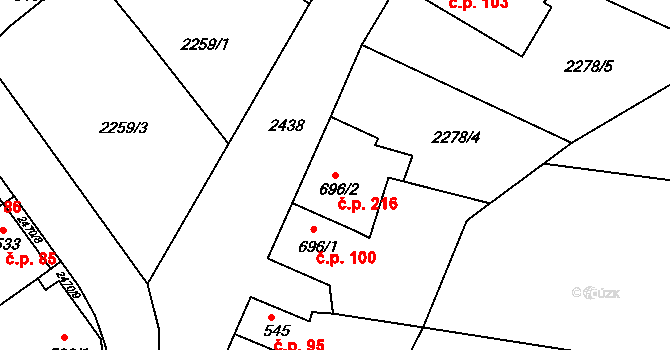 Pecínov 216, Nové Strašecí na parcele st. 696/2 v KÚ Nové Strašecí, Katastrální mapa