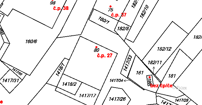 Bor 27, Suchdol nad Lužnicí na parcele st. 80 v KÚ Bor, Katastrální mapa