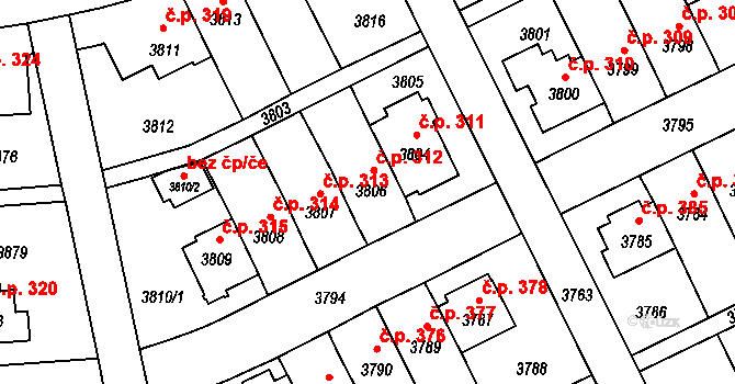 Záběhlice 312, Praha na parcele st. 3806 v KÚ Záběhlice, Katastrální mapa