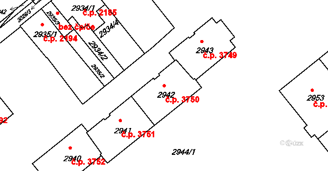 Chomutov 3750 na parcele st. 2942 v KÚ Chomutov II, Katastrální mapa