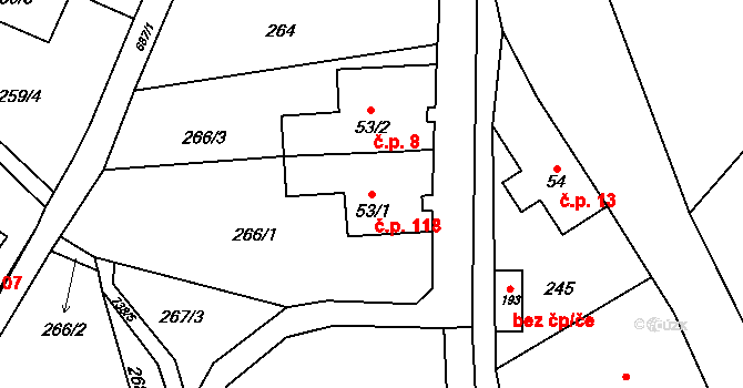 Kunčice nad Labem 118 na parcele st. 53/1 v KÚ Kunčice nad Labem, Katastrální mapa