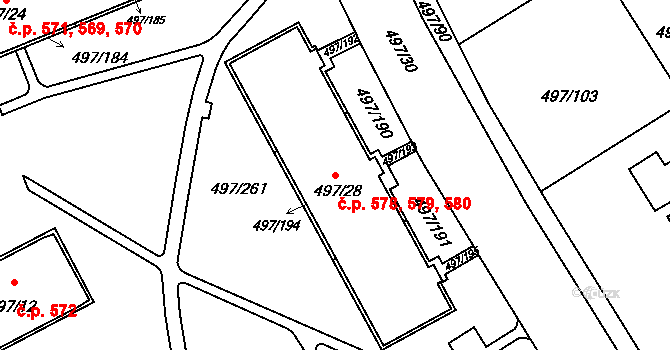 Ráj 578,579,580, Karviná na parcele st. 497/28 v KÚ Ráj, Katastrální mapa