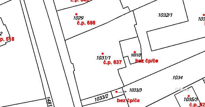 Rousínovec 637, Rousínov na parcele st. 1031/1 v KÚ Rousínov u Vyškova, Katastrální mapa