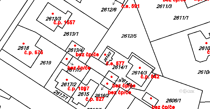 Bolevec 577, Plzeň na parcele st. 2614/2 v KÚ Bolevec, Katastrální mapa
