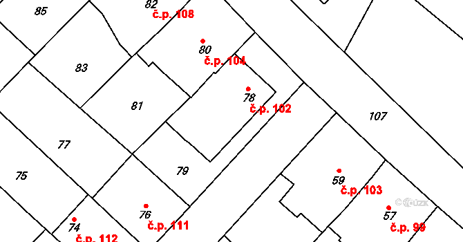 Čučice 102 na parcele st. 78 v KÚ Čučice, Katastrální mapa