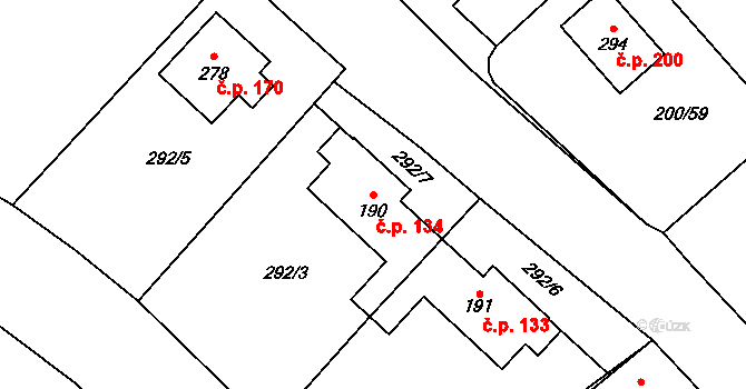 Katusice 134 na parcele st. 190 v KÚ Katusice, Katastrální mapa