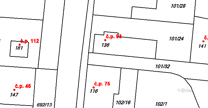 Rejšice 93, Smilovice na parcele st. 136 v KÚ Rejšice, Katastrální mapa