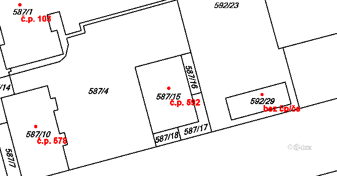Ponava 592, Brno na parcele st. 587/15 v KÚ Ponava, Katastrální mapa