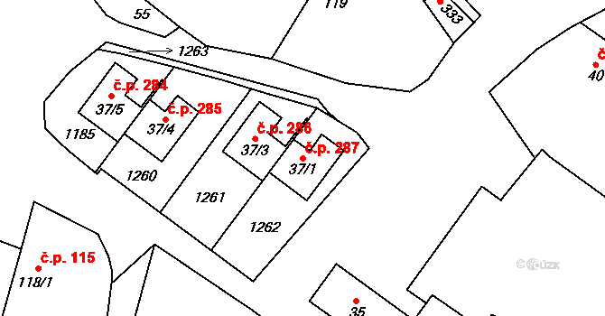 Ovčáry 287 na parcele st. 37/1 v KÚ Ovčáry u Kolína, Katastrální mapa