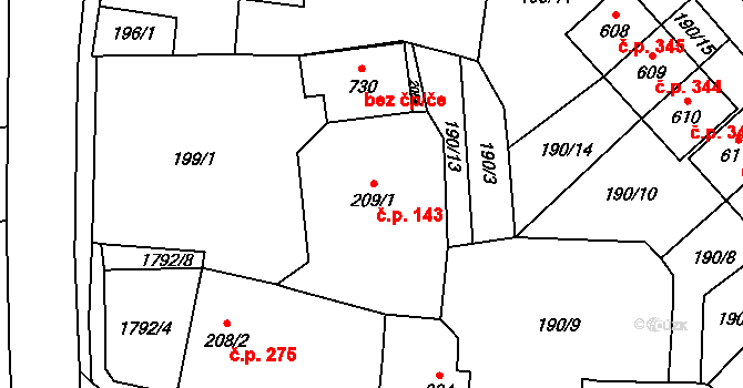 Ryžoviště 143 na parcele st. 209/1 v KÚ Ryžoviště, Katastrální mapa
