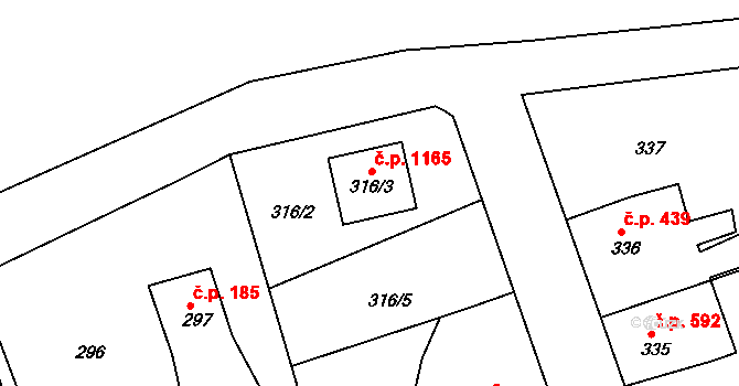 Třemošná 1165 na parcele st. 316/3 v KÚ Třemošná, Katastrální mapa