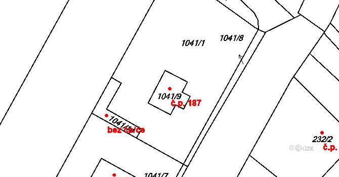 Hlízov 187 na parcele st. 1041/9 v KÚ Hlízov, Katastrální mapa