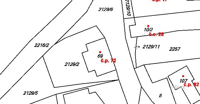Písařova Vesce 72, Lesná na parcele st. 69 v KÚ Písařova Vesce, Katastrální mapa