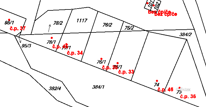Jiřetice 35, Neustupov na parcele st. 76/1 v KÚ Jiřetice u Neustupova, Katastrální mapa