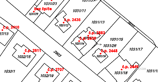 Předměstí 2436, Opava na parcele st. 1031/14 v KÚ Opava-Předměstí, Katastrální mapa