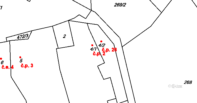 Nuzerov 26, Sušice na parcele st. 4/2 v KÚ Nuzerov, Katastrální mapa