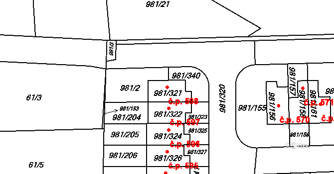 Písnice 598, Praha 6 na parcele st. 981/321 v KÚ Písnice, Katastrální mapa