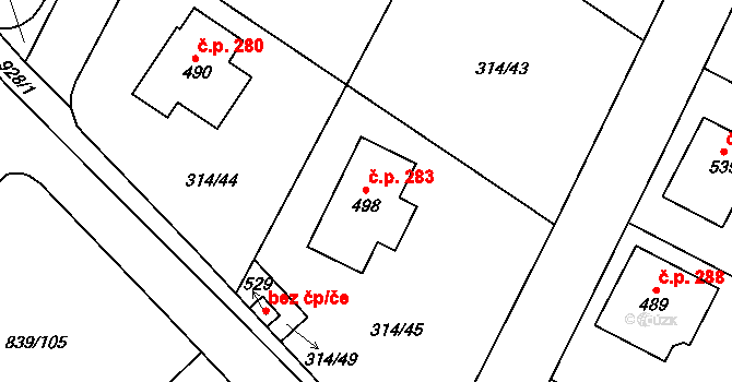 Vtelno 283, Most na parcele st. 498 v KÚ Vtelno, Katastrální mapa