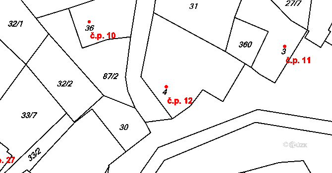 Simtany 12, Pohled na parcele st. 4 v KÚ Simtany, Katastrální mapa