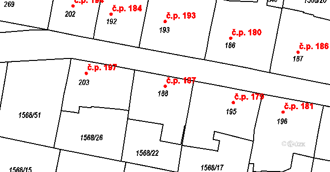 Hluboké Mašůvky 187 na parcele st. 188 v KÚ Hluboké Mašůvky, Katastrální mapa