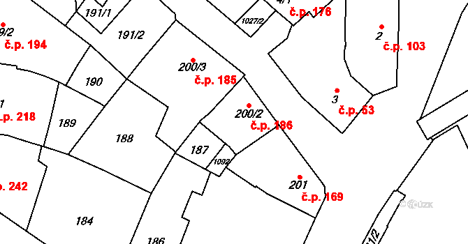 Kokory 186 na parcele st. 200/2 v KÚ Kokory, Katastrální mapa