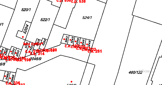Modřice 202 na parcele st. 524/5 v KÚ Modřice, Katastrální mapa