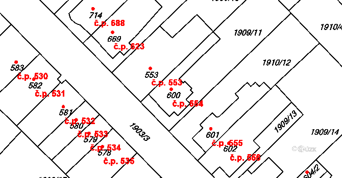 Tišnov 554 na parcele st. 600 v KÚ Tišnov, Katastrální mapa