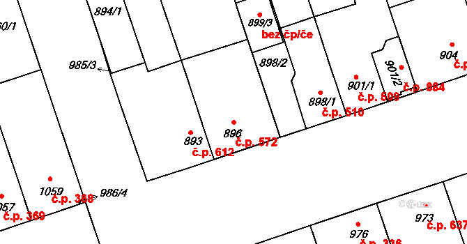 Lužice 572 na parcele st. 896 v KÚ Lužice u Hodonína, Katastrální mapa