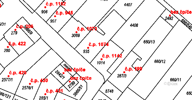 Veselí nad Moravou 1074 na parcele st. 935 v KÚ Veselí-Předměstí, Katastrální mapa