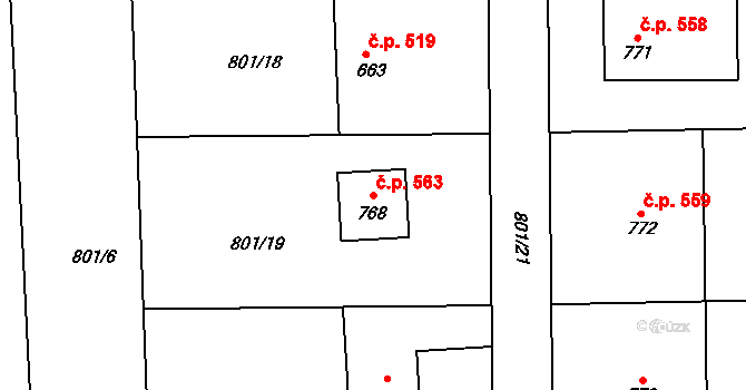 Kozlovice 563 na parcele st. 768 v KÚ Kozlovice, Katastrální mapa