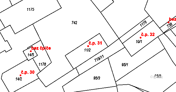 Hořešovice 31 na parcele st. 11/2 v KÚ Hořešovice, Katastrální mapa