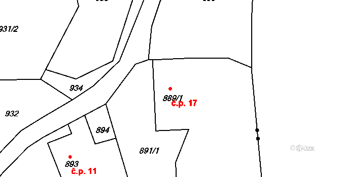 Neřežín 17, Chaloupky na parcele st. 889/1 v KÚ Chaloupky, Katastrální mapa