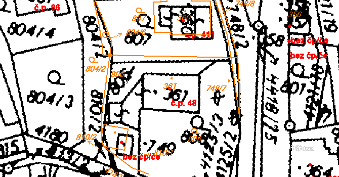 Dolní Dobrouč 48 na parcele st. 361 v KÚ Dolní Dobrouč, Katastrální mapa