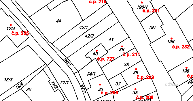Žamberk 727 na parcele st. 40 v KÚ Žamberk, Katastrální mapa