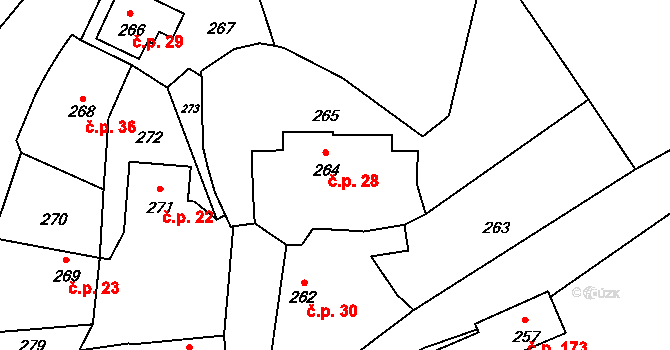 Miškovice 28, Praha na parcele st. 264 v KÚ Miškovice, Katastrální mapa