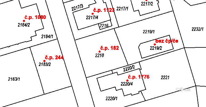 Kunratice 182, Praha na parcele st. 2218 v KÚ Kunratice, Katastrální mapa