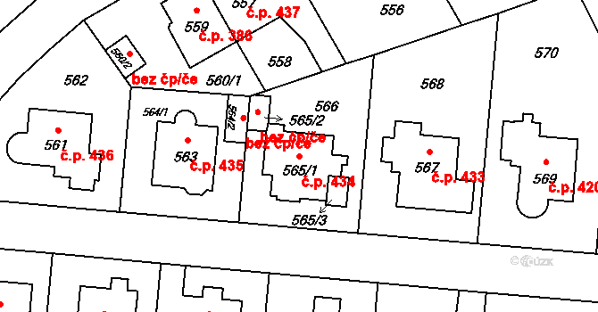 Ruzyně 434, Praha na parcele st. 565/1 v KÚ Ruzyně, Katastrální mapa