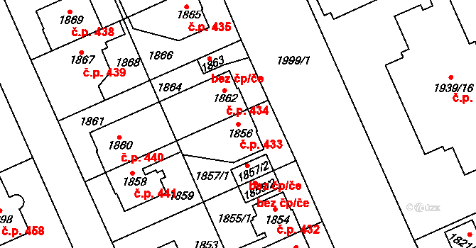 Kbely 433, Praha na parcele st. 1856 v KÚ Kbely, Katastrální mapa