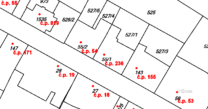 Sezimovo Ústí 236 na parcele st. 55/1 v KÚ Sezimovo Ústí, Katastrální mapa