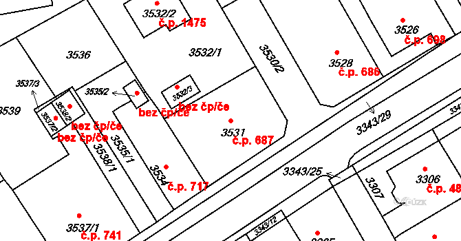 Jirkov 687 na parcele st. 3531 v KÚ Jirkov, Katastrální mapa