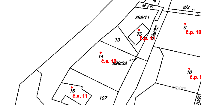 Ostré 12, Úštěk na parcele st. 14 v KÚ Ostré, Katastrální mapa